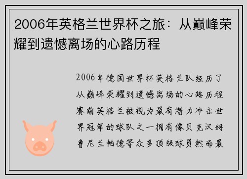 2006年英格兰世界杯之旅：从巅峰荣耀到遗憾离场的心路历程